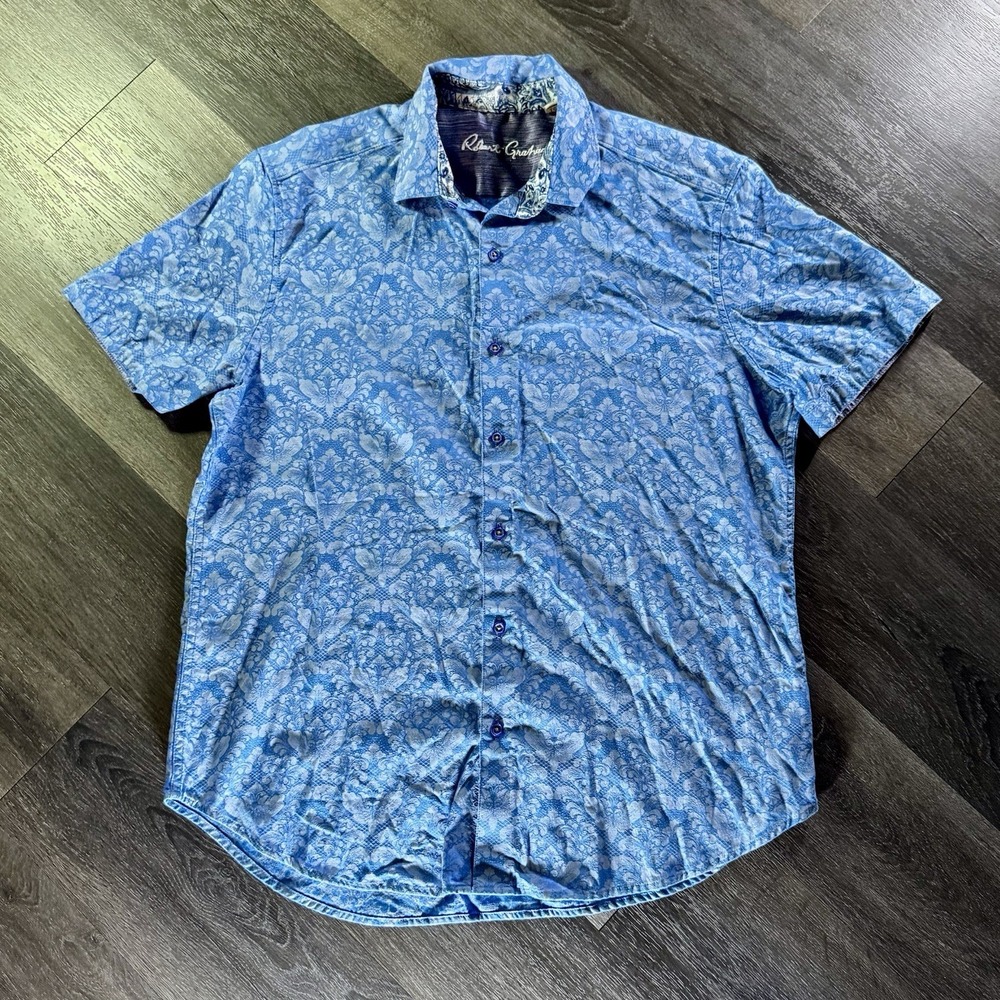 Men's Robert Graham Short Sleeve Button Up Shirt, Blue, Size XL